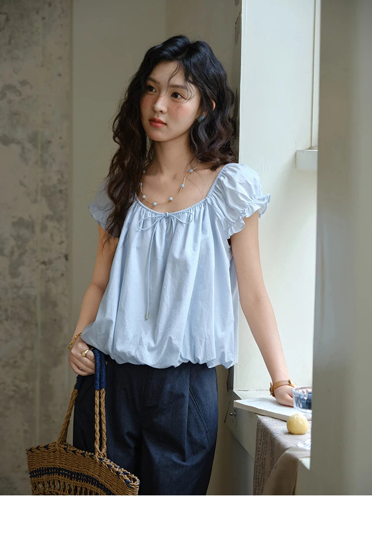 MISHOW Cotton Blouse Puff Sleeve Lace Up O-Neck MXE37X1893