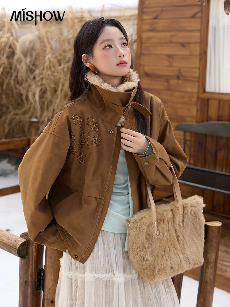 MISHOW Brown Suede Jacket Detachable Fur Collar Zipper MXE51W0876