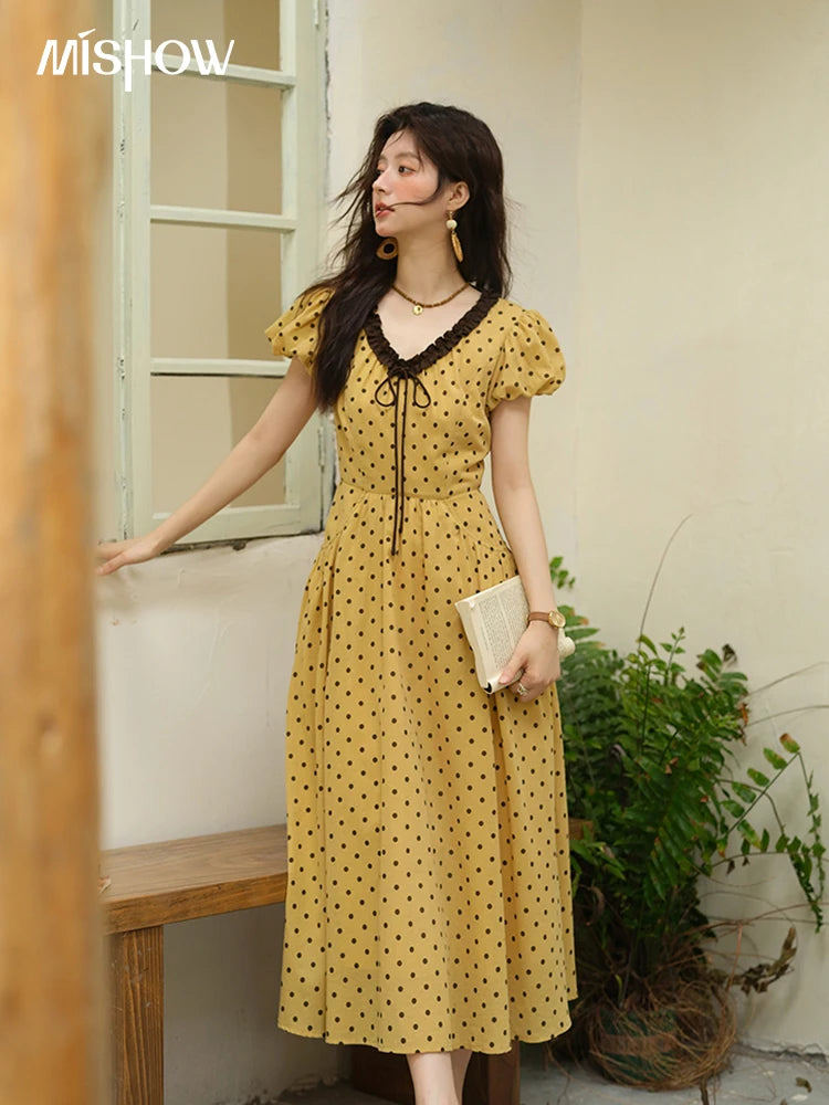 Mishow Polka Dot V-Neck Lace Up Puff Sleeve Dress MXE39L2326