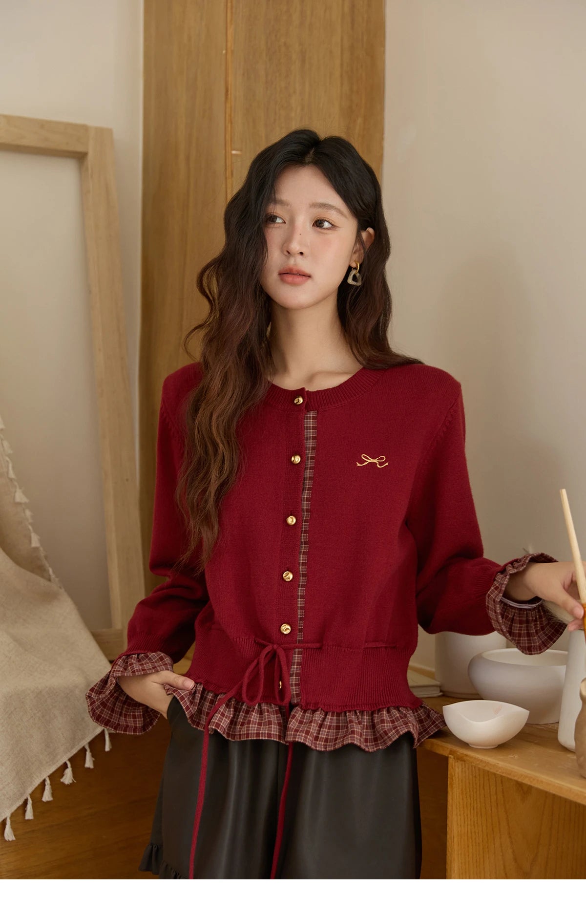 Mishow Red Fake Two-Piece Plaid Patchwork Cardigan MXE45Z2483