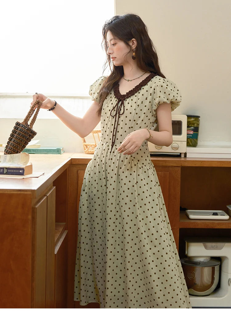 Mishow Polka Dot V-Neck Lace Up Puff Sleeve Dress MXE39L2326