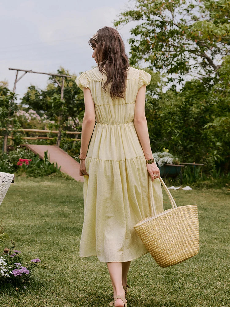 Mishow Solid V-Neck Puff Sleeve Shell Ribbon Dress MXE33L2193