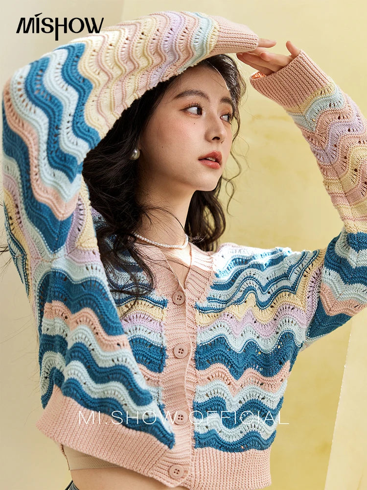 Mishow Color Stripe V-Neck Loose Cardigan MXE16Z1203
