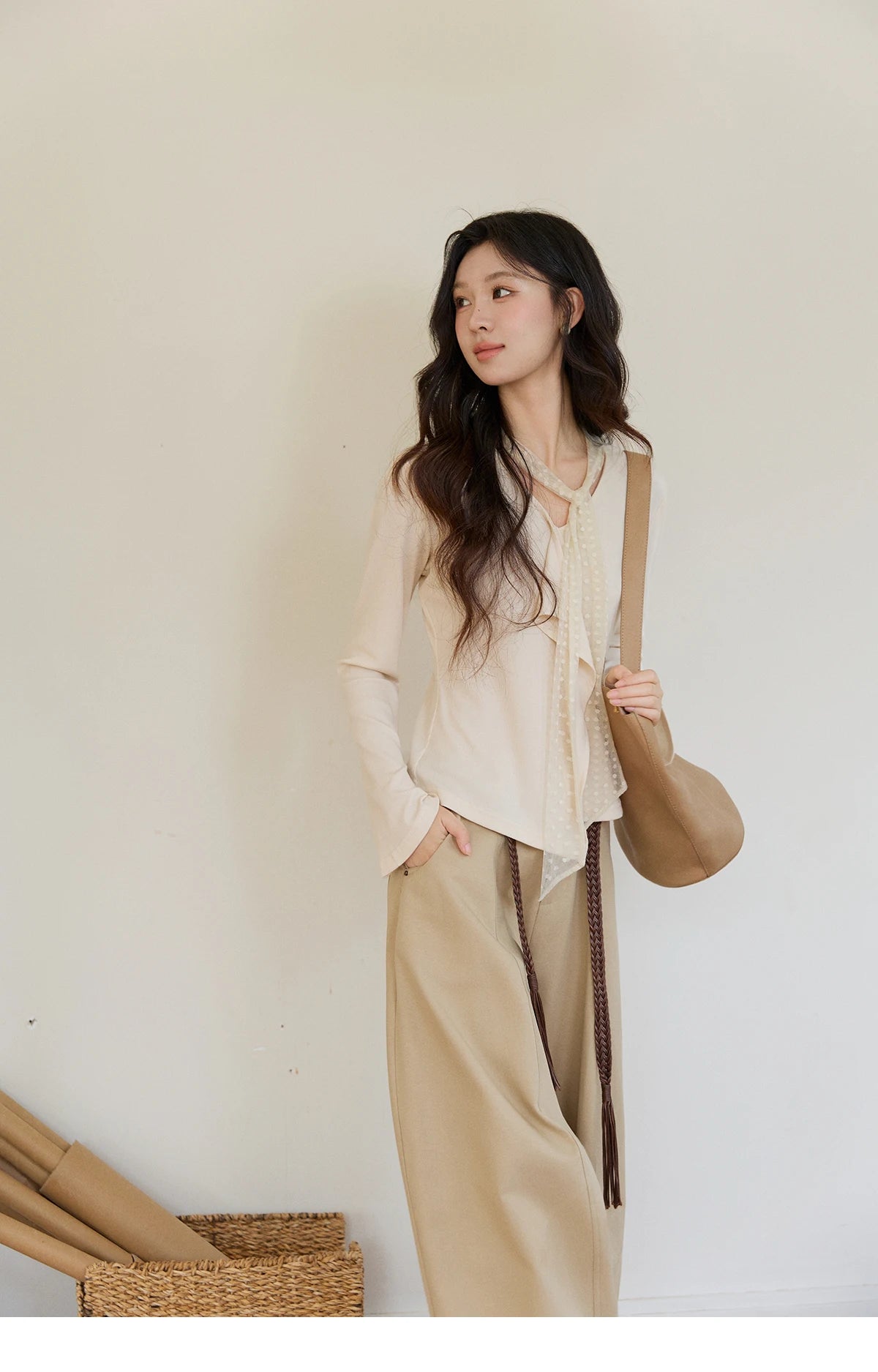 Mishow V-Neck Lace Ribbon Flare Sleeve Top MXF108Z1016