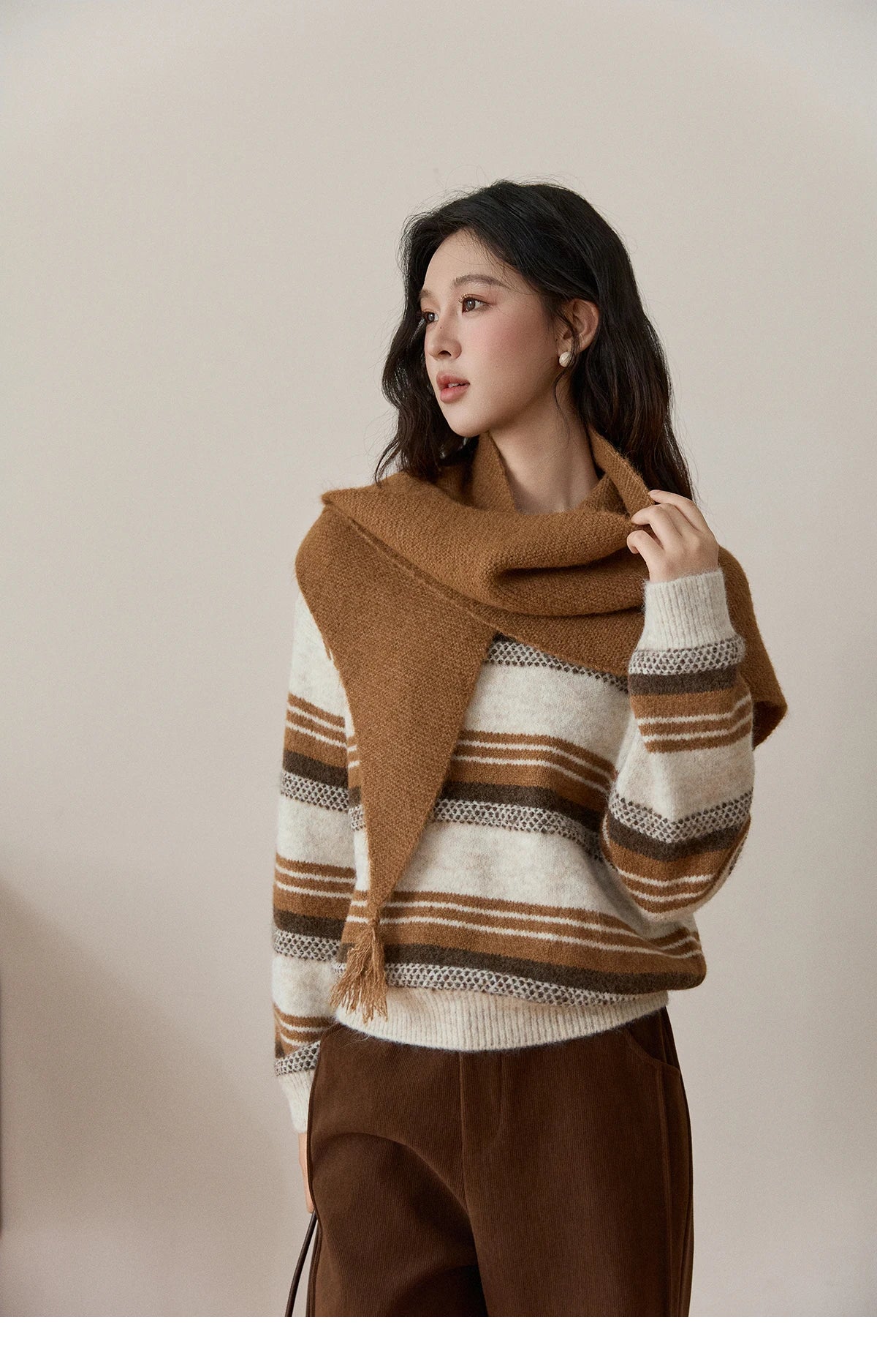 Mishow Wool Blend Retro Striped Sweater with Scarf MXE94Z2987