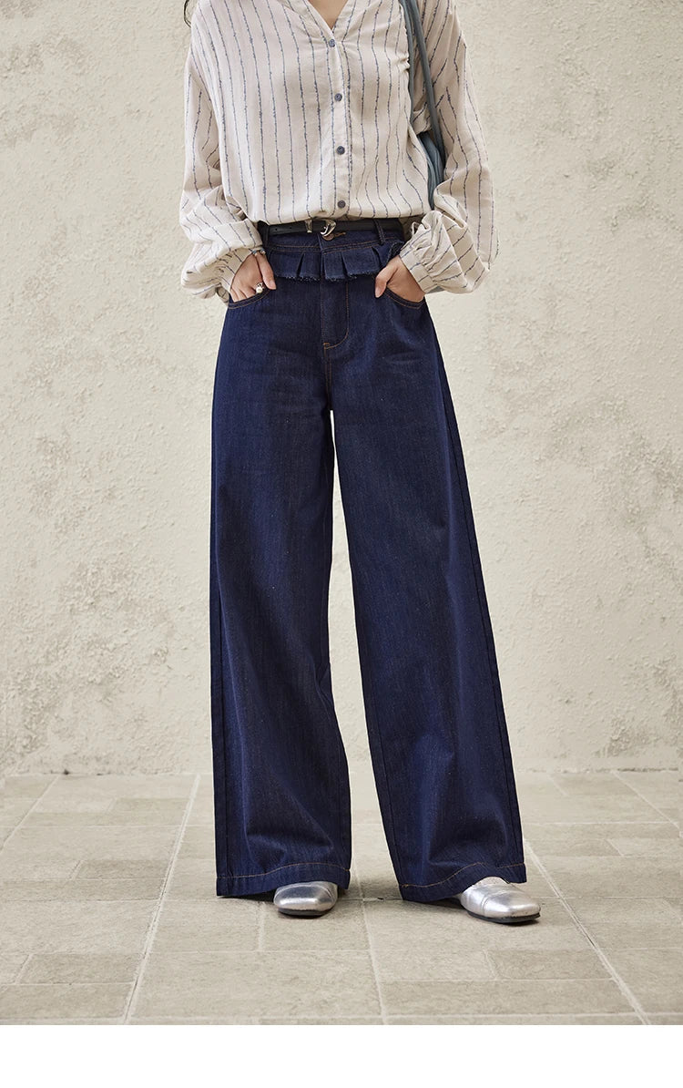 Mishow Stitching Ruffle High Waist Wide Leg Jeans MXE16K0907