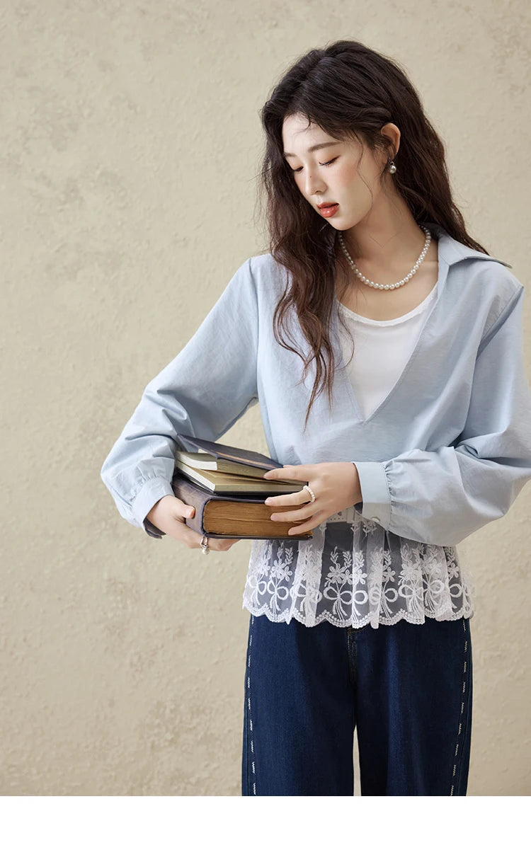 MISHOW French Fake Two-Piece Blouse Turn-Down Collar Lace Splicing MXE16C0783