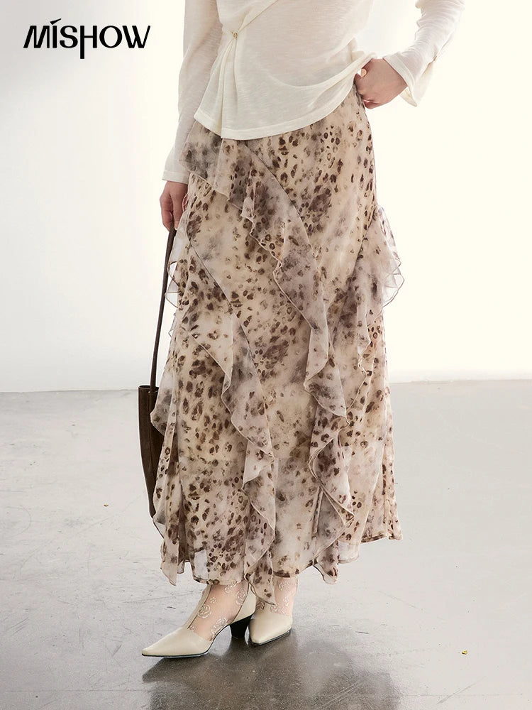 MISHOW Leopard Print Maxi Skirt Ruffled Chiffon Elastic Waist MXF108B0772