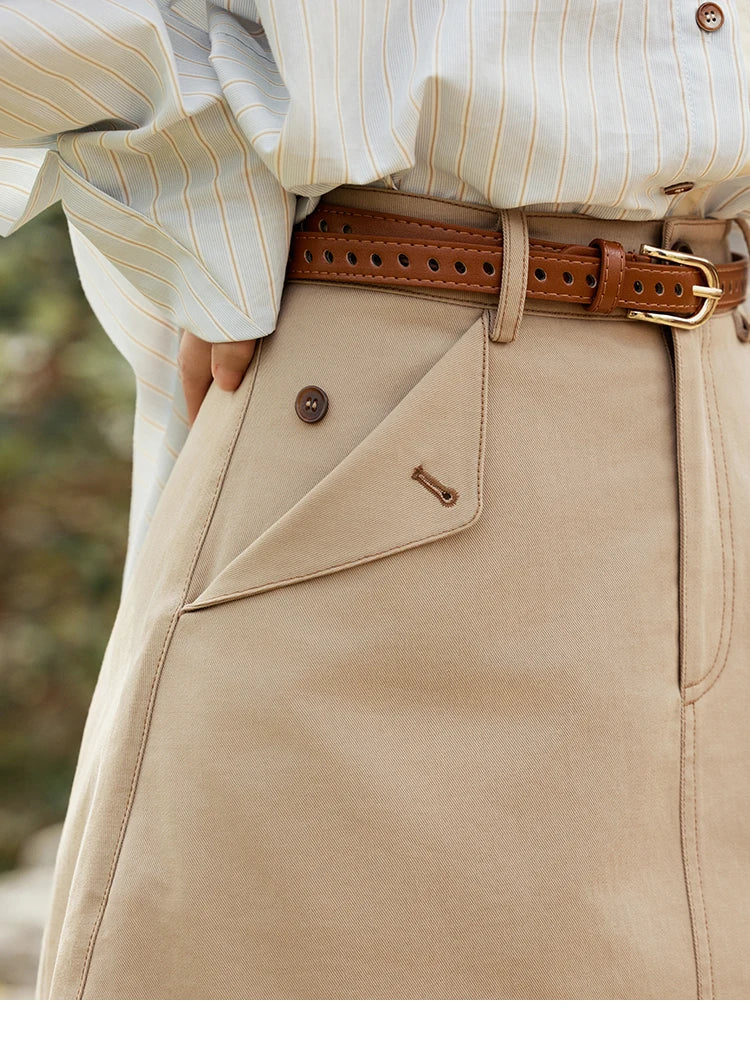 Mishow Khaki A-Line High Waist Pocket Skirt MXE15B0696