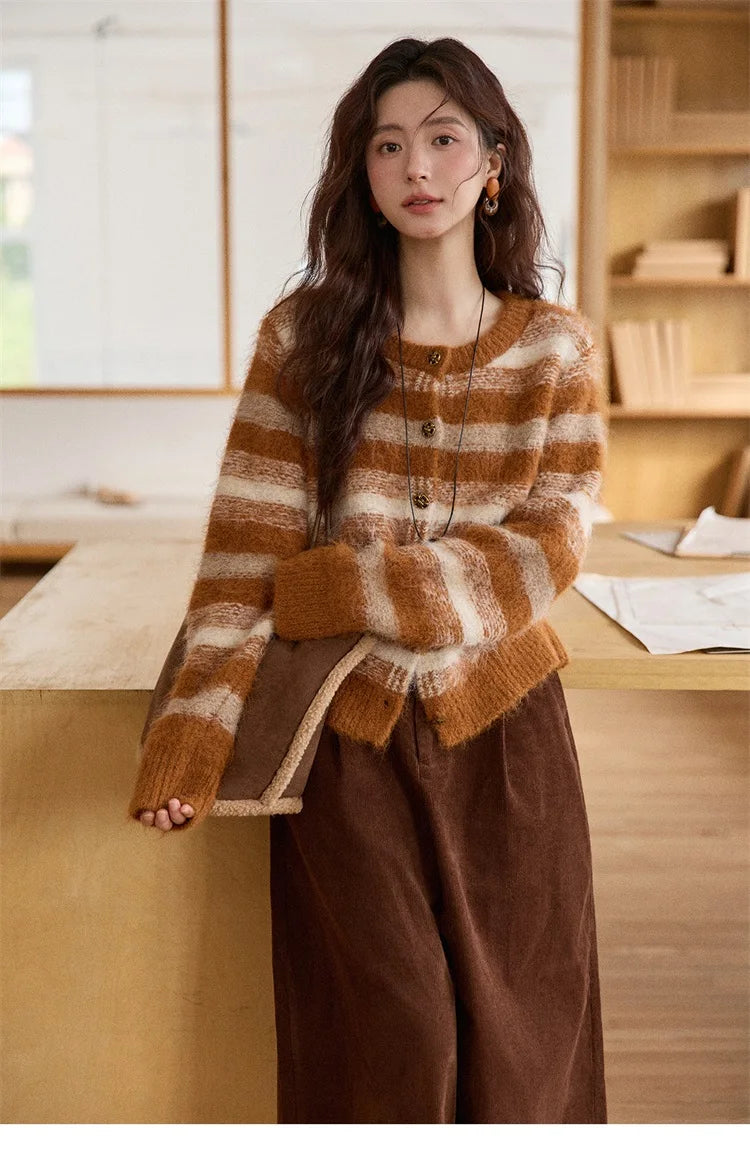 Mishow Retro Striped Round Neck Wool Cardigan MXE87Z2723