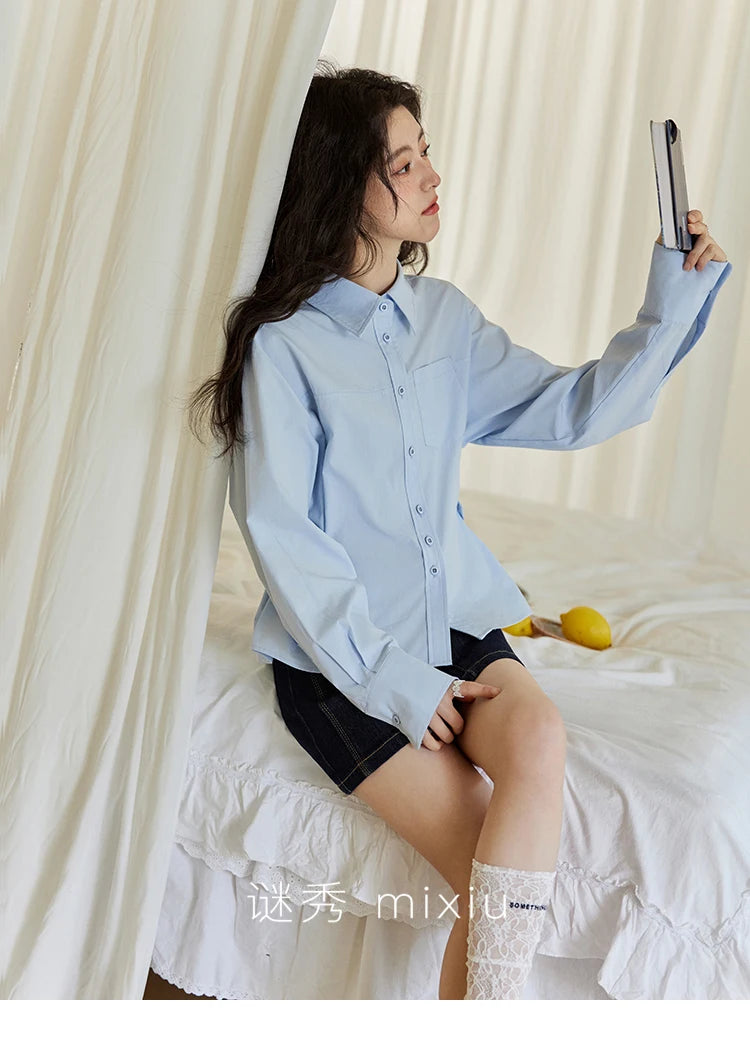 MISHOW Women's French Blue Shirt Polo Collar Waist Pocket MXE14C0753
