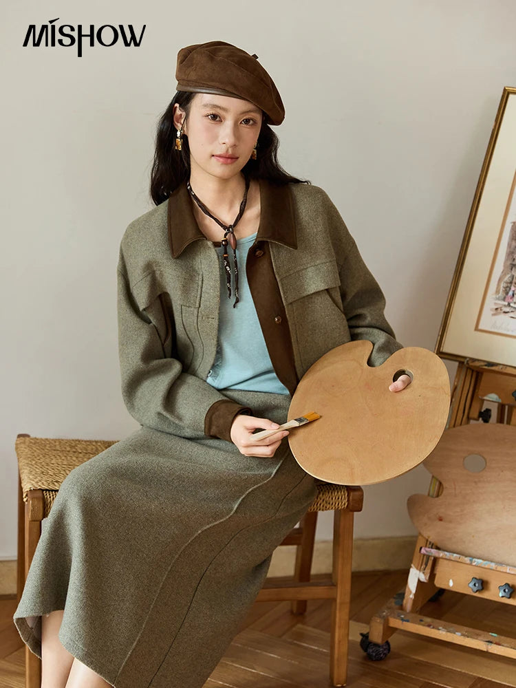 Mishow Contrast Suede Patchwork Wool Coat MXE46W0844