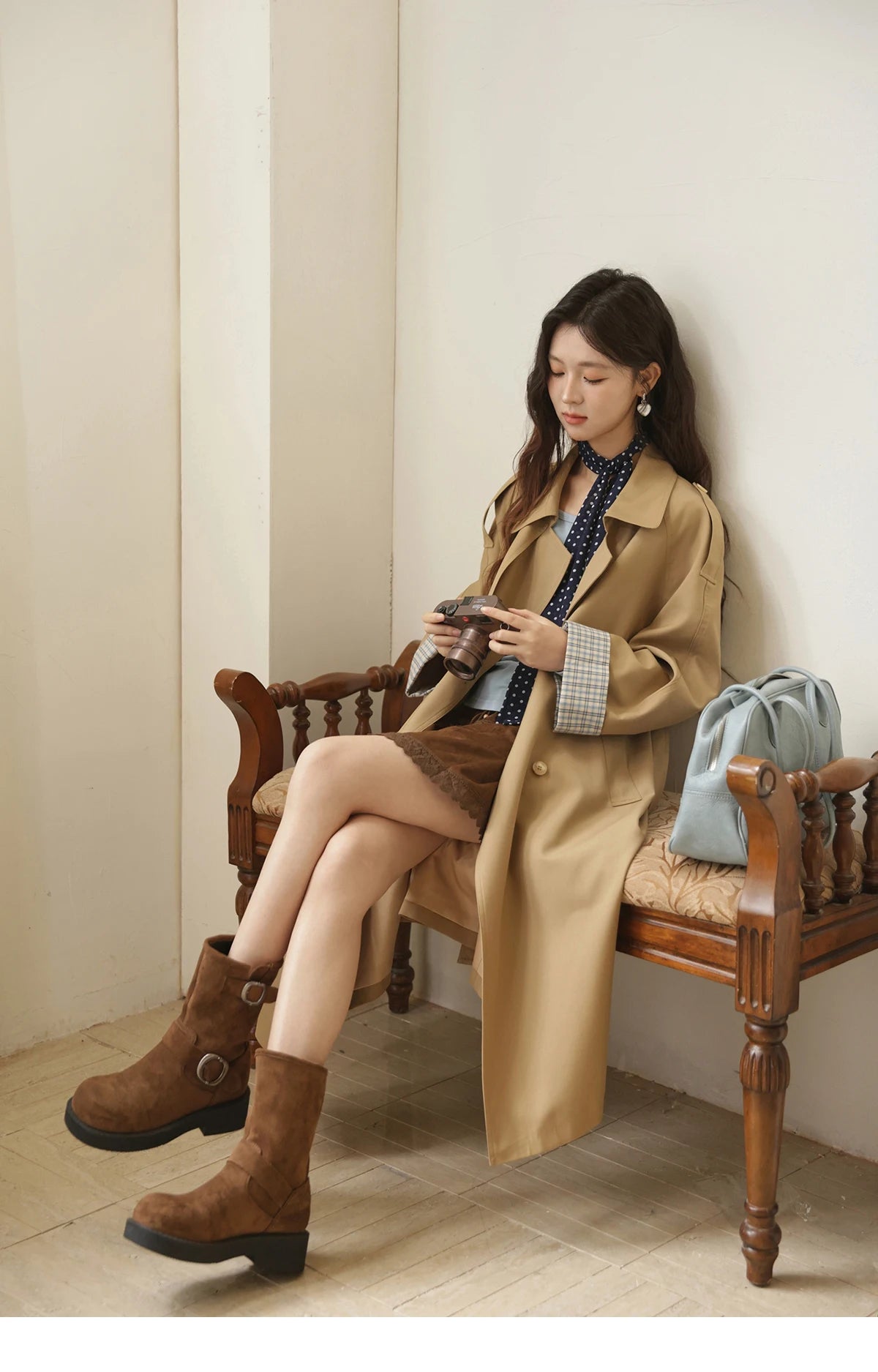 Mishow Khaki Retro Plaid Flip Sleeve Trench Coat MXE44W0814