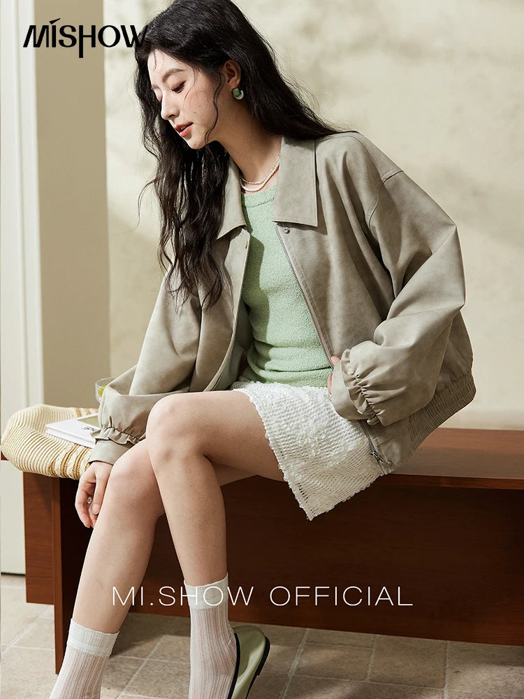 MISHOW Minimalist Short Jacket Lapel Zipper Elastic Hem MXE13W0715