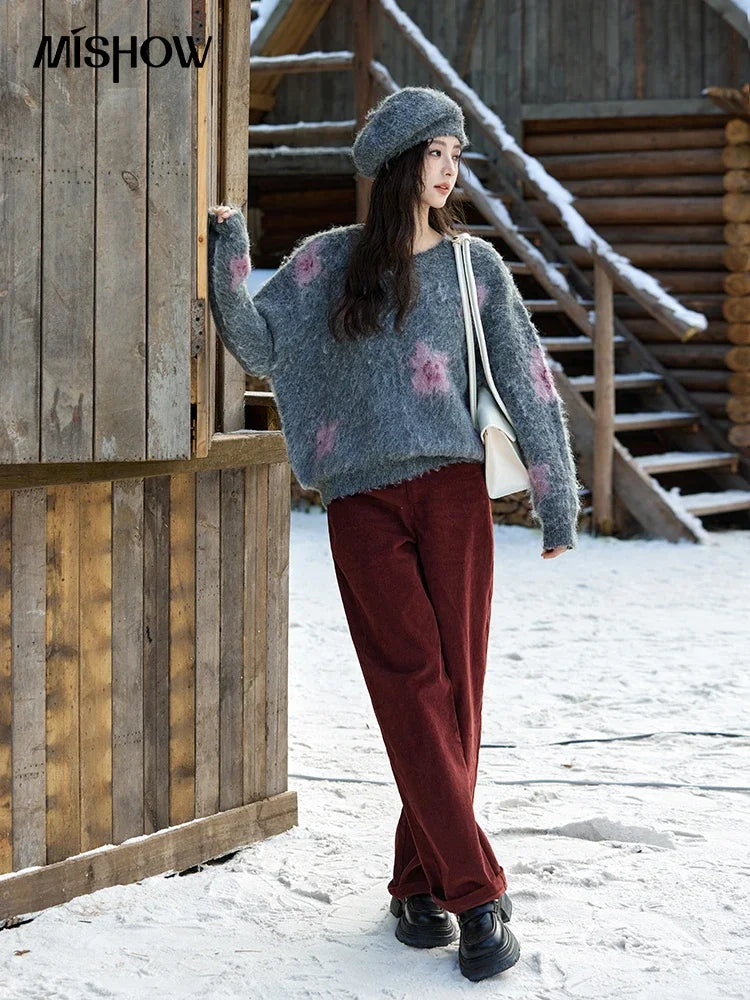 Mishow Wool Yarn Plush Fur Flower O-Neck Pullover MXD56Z1001