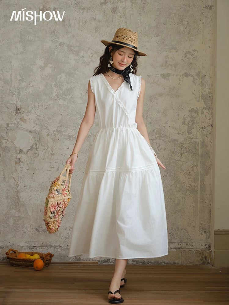 Mishow V-Neck Lace Drawstring Waist Dress MXE37L2331