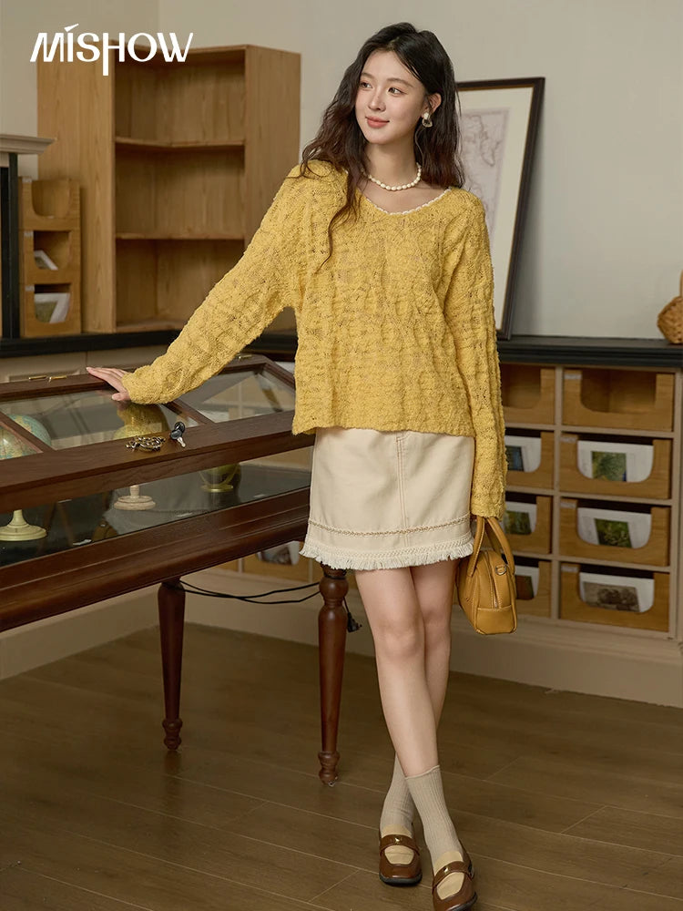 Mishow Bamboo Loop Yarn Hollow V-Neck Lace Sweater MXE43Z1349