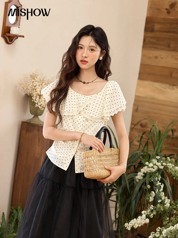 MISHOW Apricot Polka Dot Shirt Ruffle Edge Patchwork Lace MXE34X1783