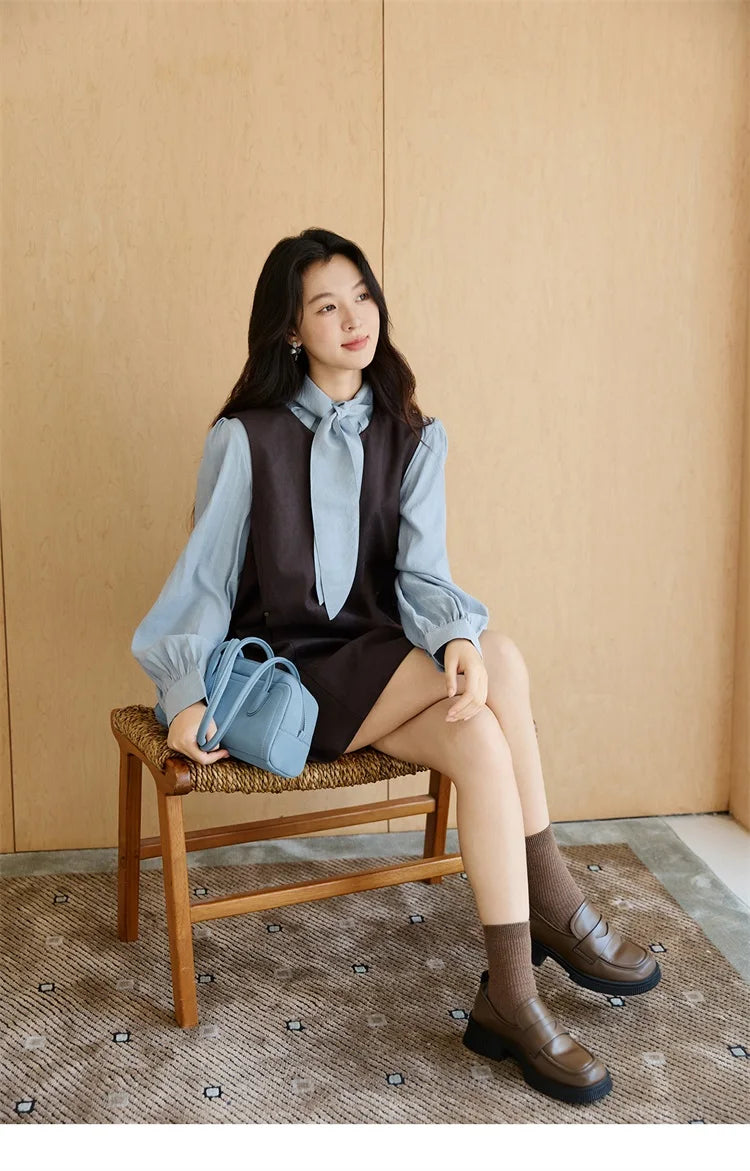 Mishow Light Blue Shirt & Brown Vest Skirt Suit MXE47T1408