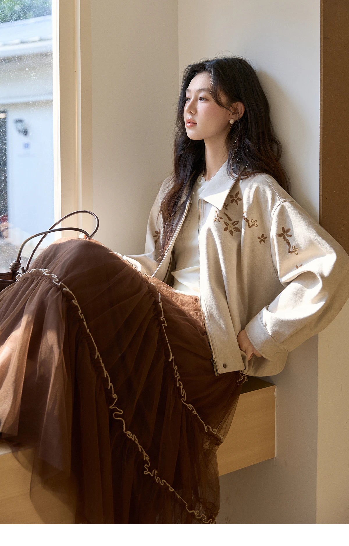 MISHOW Imitation Suede Jacket Floral Embroidery Lapel Zipper MXF11W1027