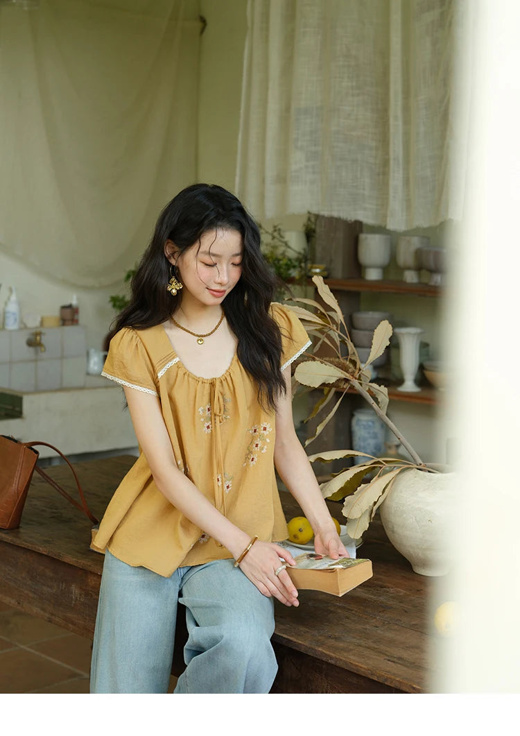 MISHOW Embroidery Flower Blouse O-Neck Lace Up Flying Sleeve MXE39X1880