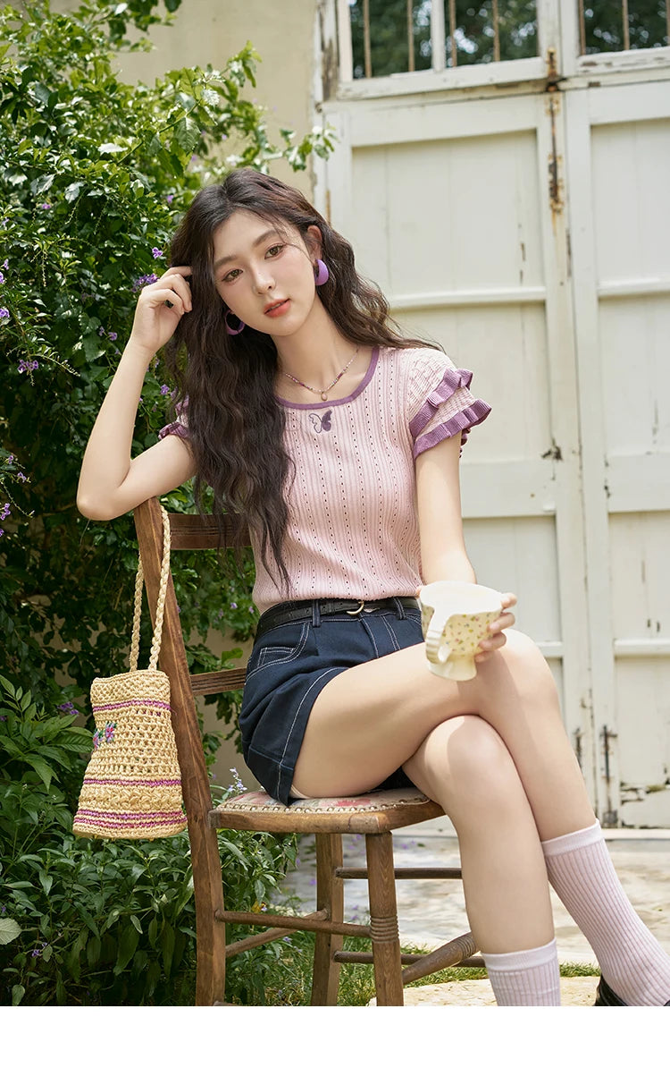 Mishow Embroidered Flower Pocket Wide Leg Denim Shorts MXD26K0707