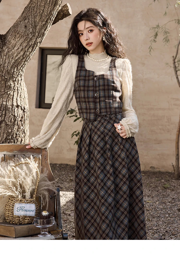 Mishow Blue Plaid Square Collar Vest & Midi Skirt Set MXD44W0454