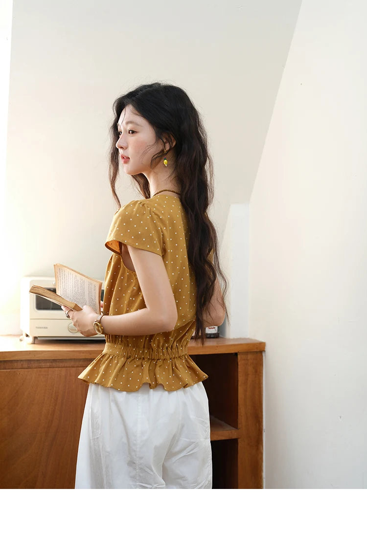 MISHOW V-Neck Lace Polka Dot Blouse Ruffled Button MXE38X1847