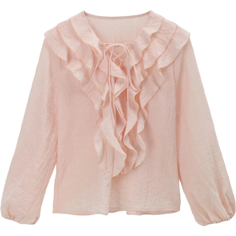 MISHOW Pink Ruffled Blouse V-Neck Lace Up Lantern Sleeve MXE49X2504