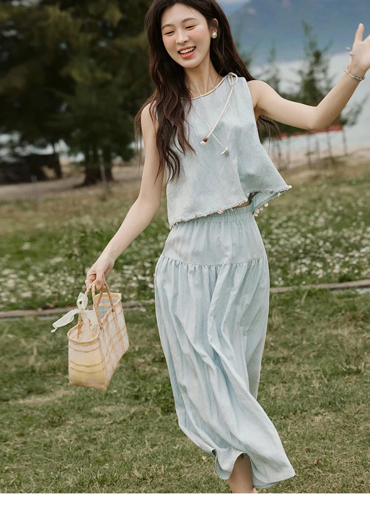 Mishow Sleeveless Round Neck Vest & Solid Midi Skirt Set MXE33T0526