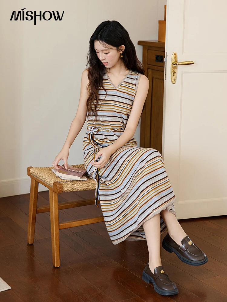 Mishow Striped V-Neck Tied Waist Long Dress MXE46L2521