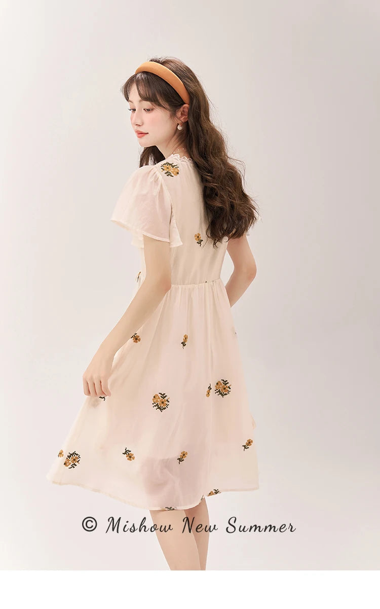 Mishow Van Gogh Sunflower Embroidered Butterfly Sleeve Dress MXC39L1524