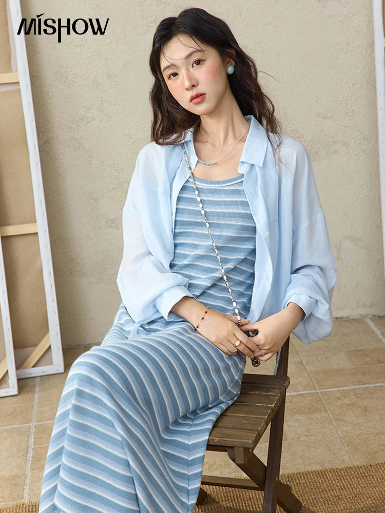 Mishow Blue Striped Camisole Dress & Lyocell Shirt Set MXE34L2285