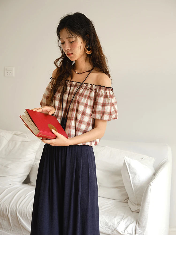 Mishow Retro Red Grid Puff Sleeve Top & Wide Leg Pants Set MXE37T0649