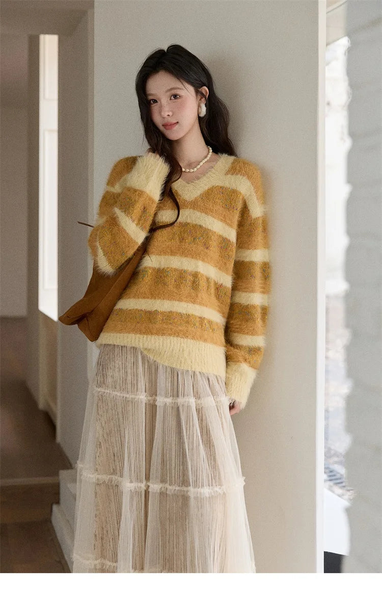 Mishow Retro Yellow Striped Faux Mink Jacquard Sweater MXE87Z2766