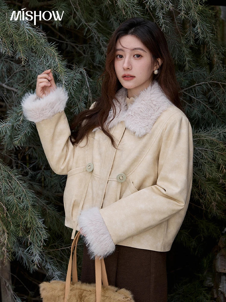 Mishow Apricot Suede Plush Collar Jacket MXE91W0987