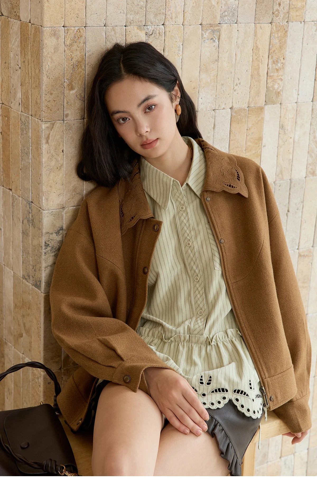 Mishow Brown Hollow Out Embroidery Woolen Coat MXE49W0856