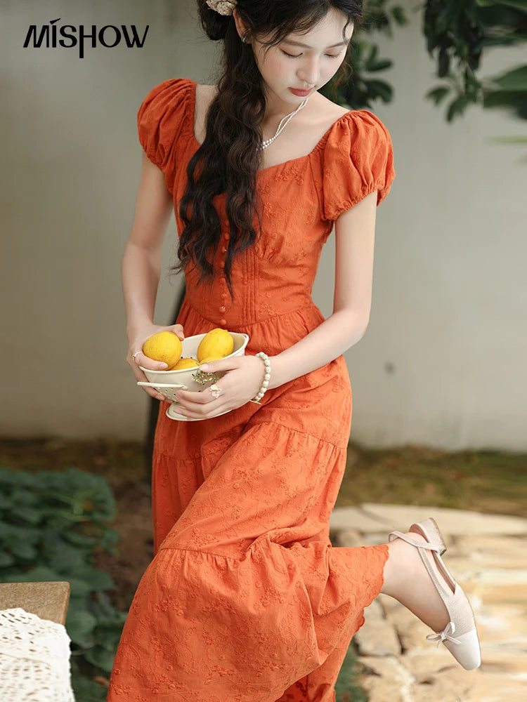 Mishow 100% Cotton Orange Embroidered Sweetheart Dress MXD29L1931