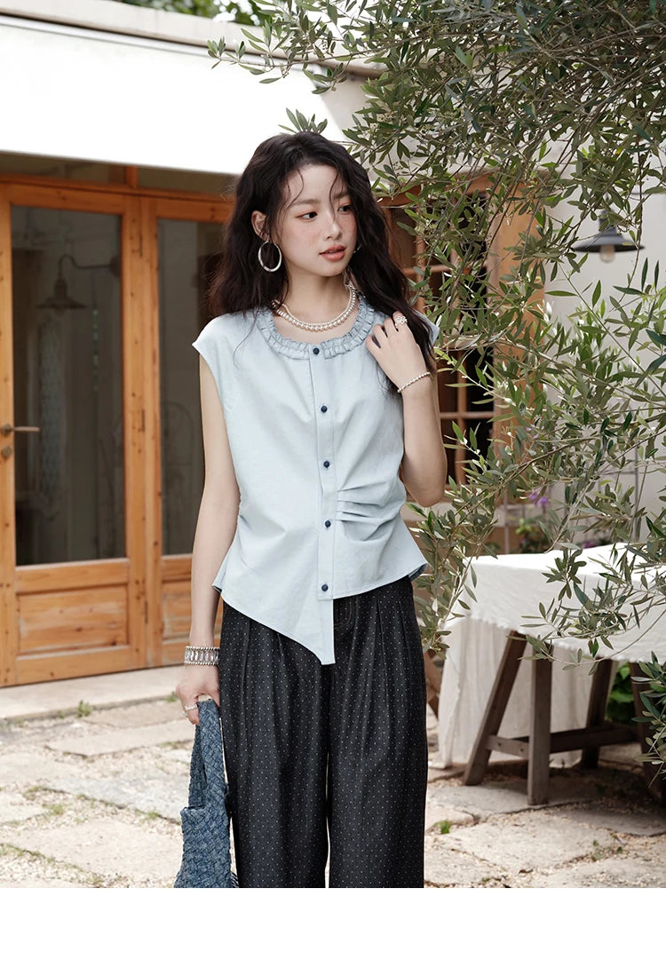 MISHOW Round Neck Sleeveless Shirt Button Front MXE38X1864