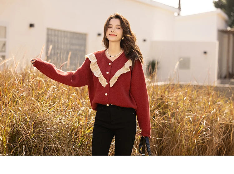 Mishow Korean Ruffle V-Neck Cardigan MXB46Z1111