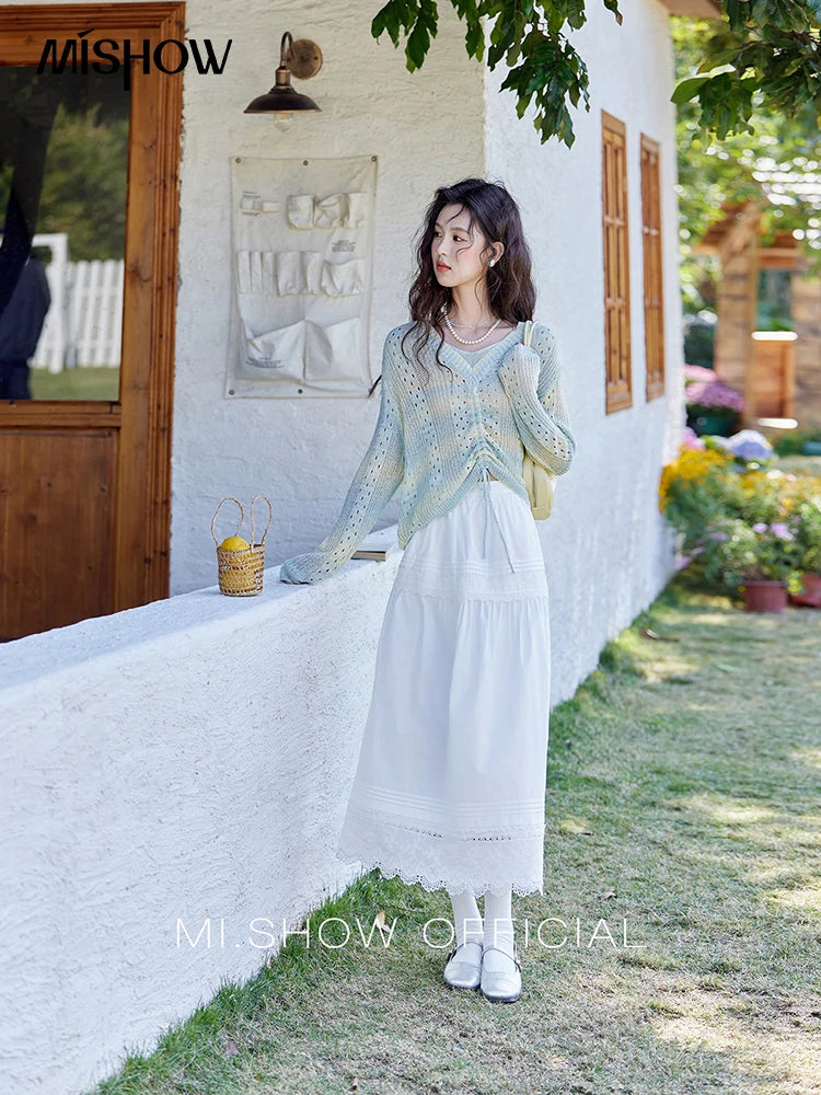 Mishow Gradient Blue Green V-Neck Drawstring Sweater MXE16Z1171