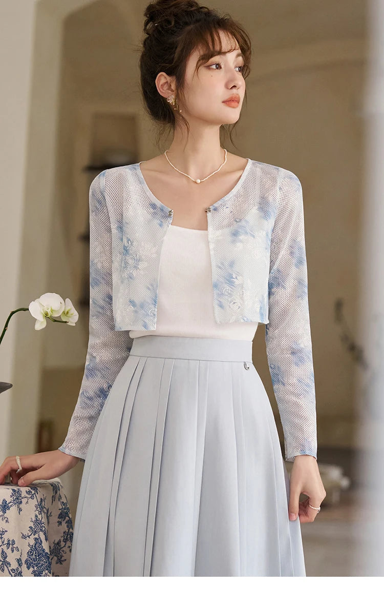 Mishow Elegant Hollow Cardigan & Camisole & Pleated Skirt Set MXD12W0342