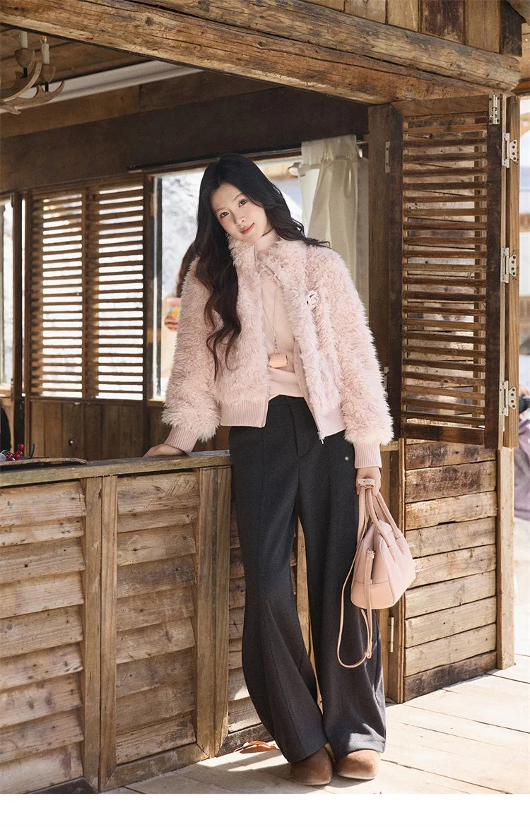 Mishow Pink Stand Collar Faux Lamb Wool Coat MXE91W0974