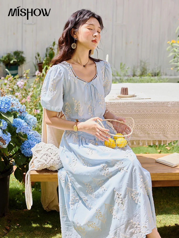 Mishow Blue Square Neck Bubble Sleeve Cotton Dress MXE35L2234