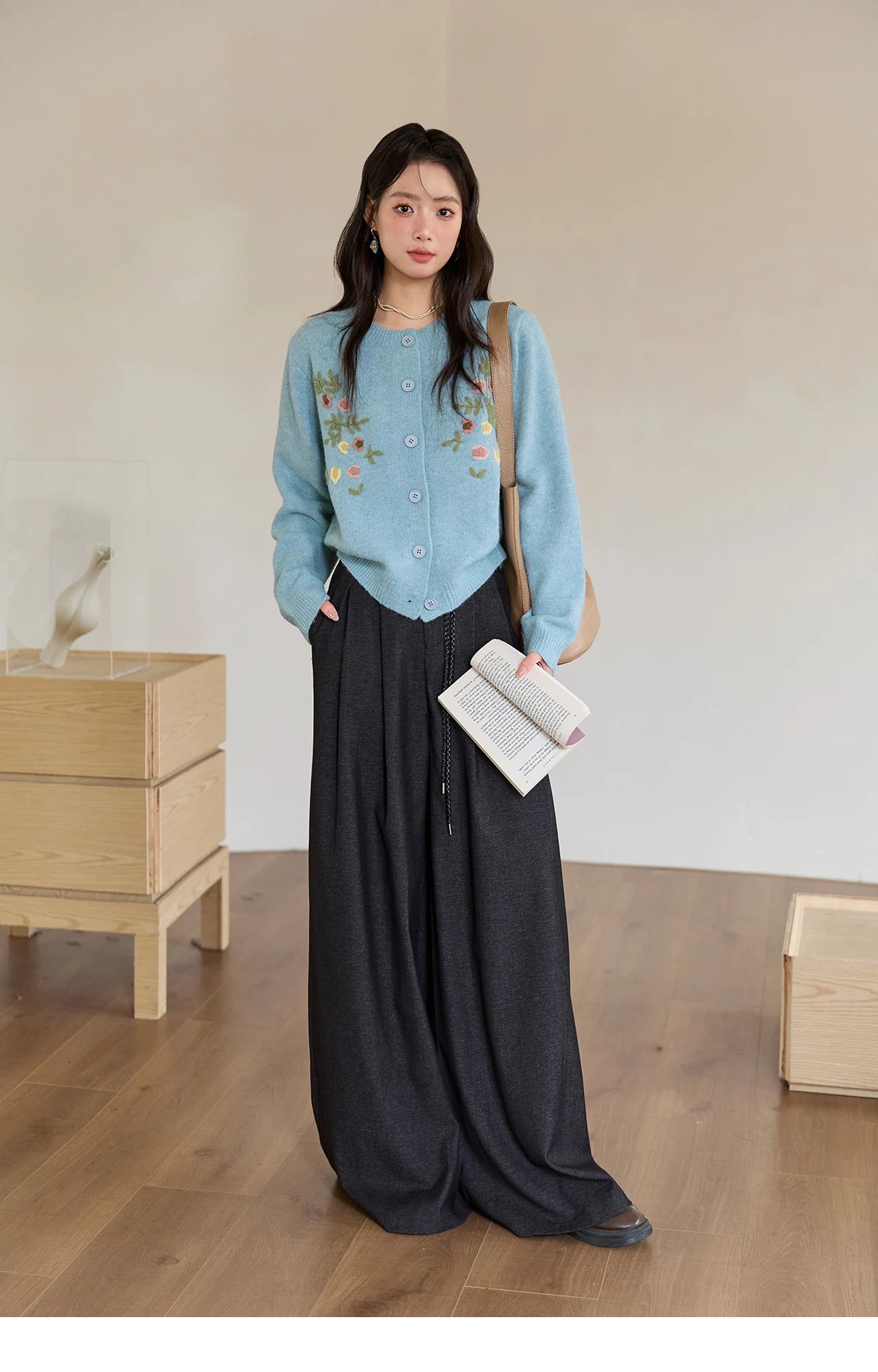 Mishow Blue Floral Embroidered Wool Cardigan MXE51Z2695
