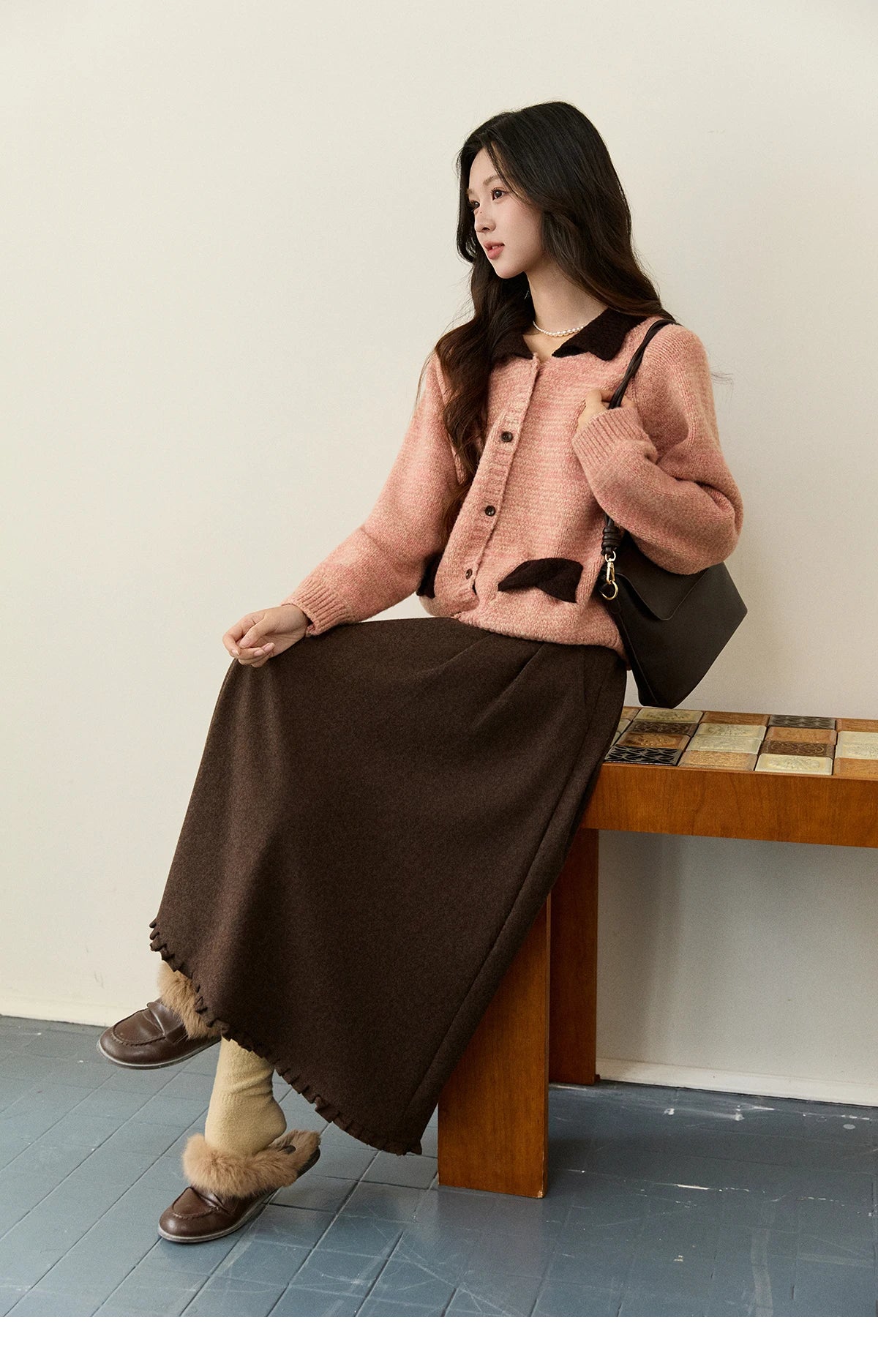Mishow Pink Contrast Collar Bow Pocket Cardigan MXE94Z2957