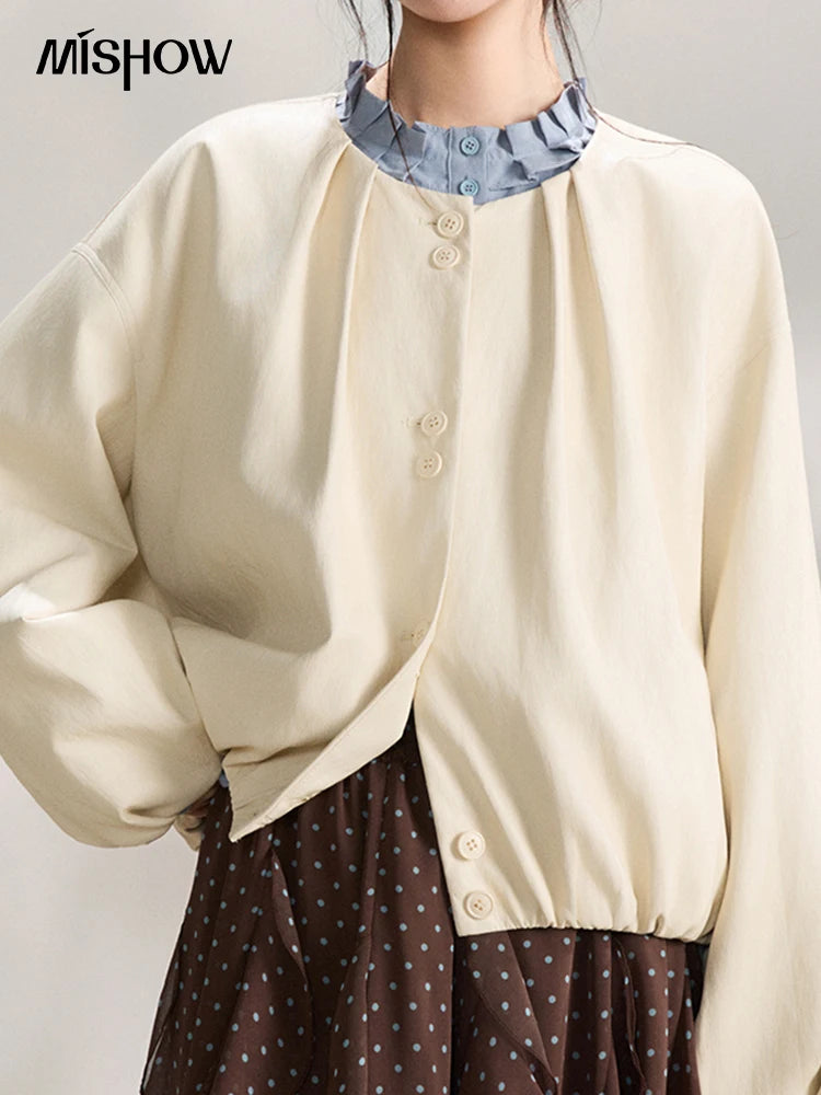 MISHOW Imitation Protein Skin Leather Jacket Ruffled Collar Button-Up MXF108W1019