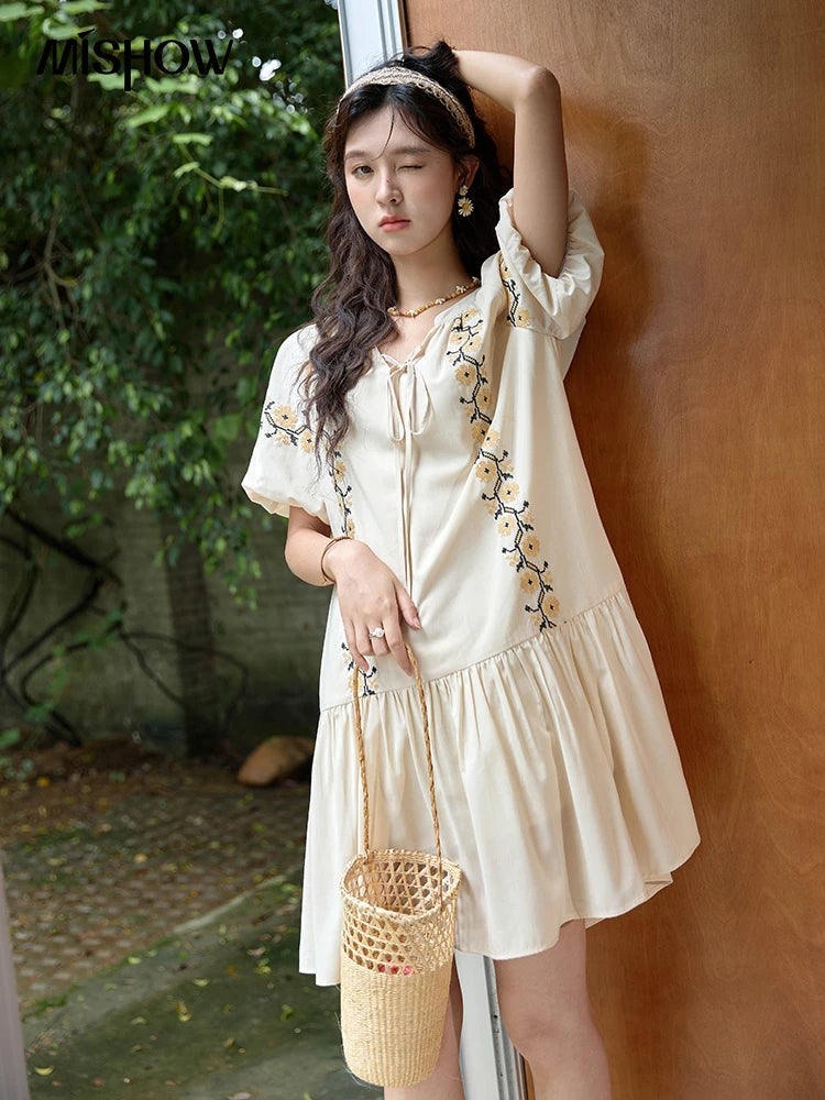 Mishow Korean Sunflower Embroidery Lace-Up Doll Dress MXD30L1959