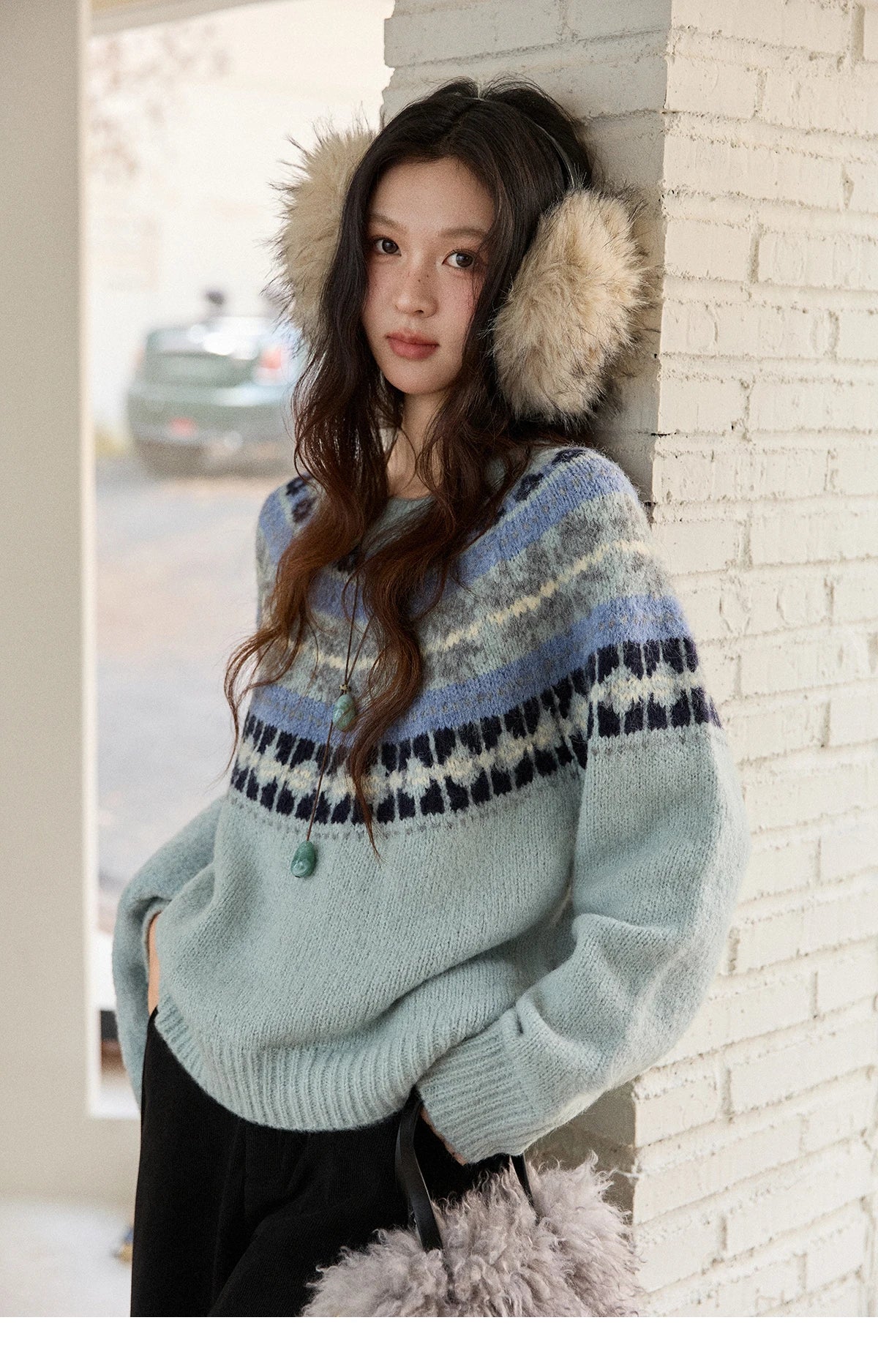 Mishow Blue Fair Isle Geometric Jacquard Pullover MXE87Z2767