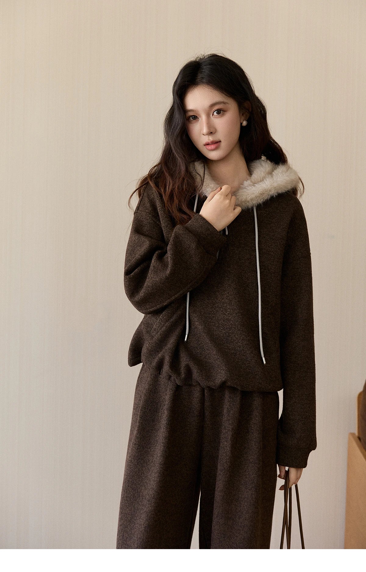 Mishow Brown Faux Fur Hood Sweatshirt & Wide Leg Pants Set MXE94T1476